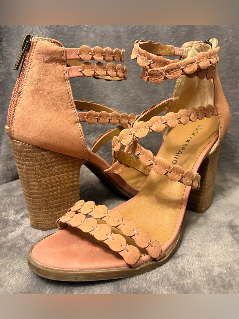 Lucky Brand Blush Pink Leather Floral Block Heel Sandals 9.5M